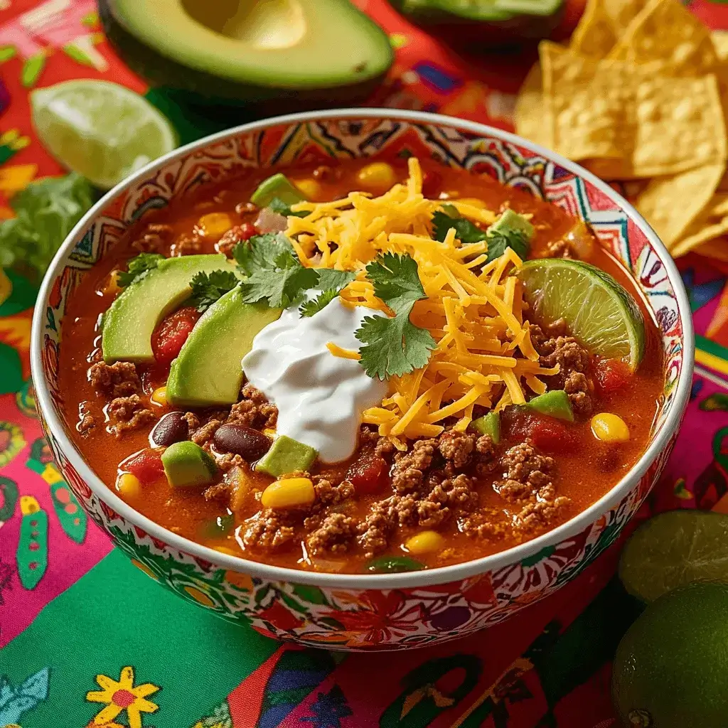 Beautifully plated Taco Soup Frios with toppings