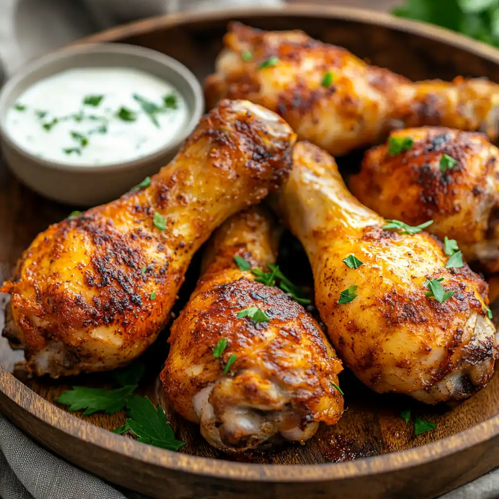 Crispy air fryer chicken drumsticks served on a plate