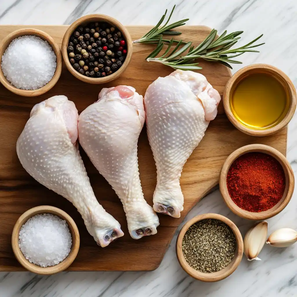 Raw chicken drumsticks with seasonings on a cutting board