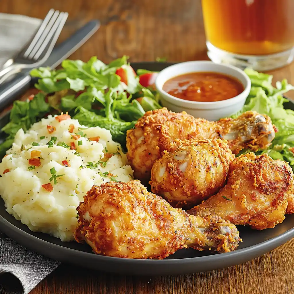 Air fryer chicken drumsticks served with mashed potatoes and salad