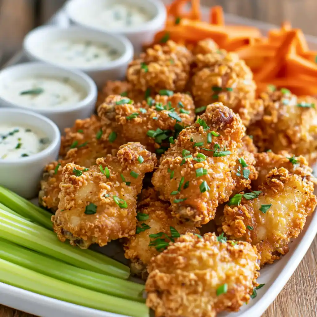 Crispy chicken wings served with celery, carrots, and dipping sauces