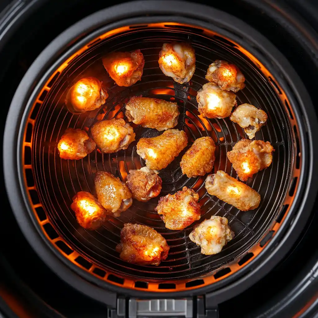 Frozen chicken wings cooking inside an air fryer basket