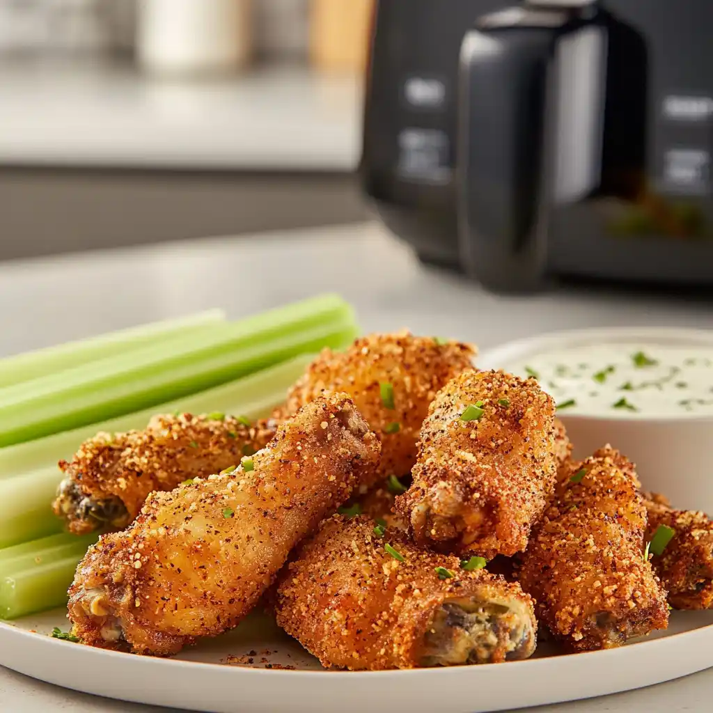 Crispy air fryer frozen chicken wings served on a plate