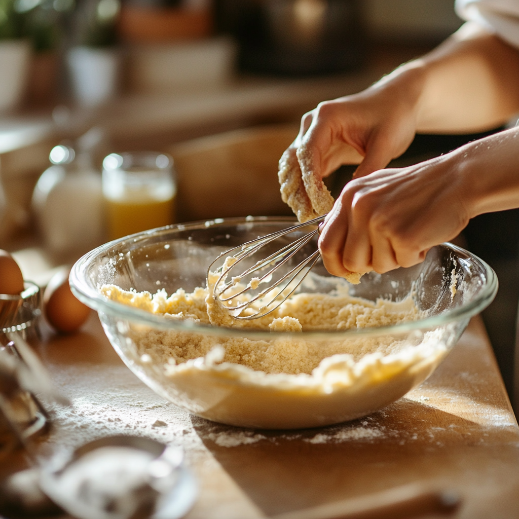 A baker mixing almond flour cake batter in a bowl