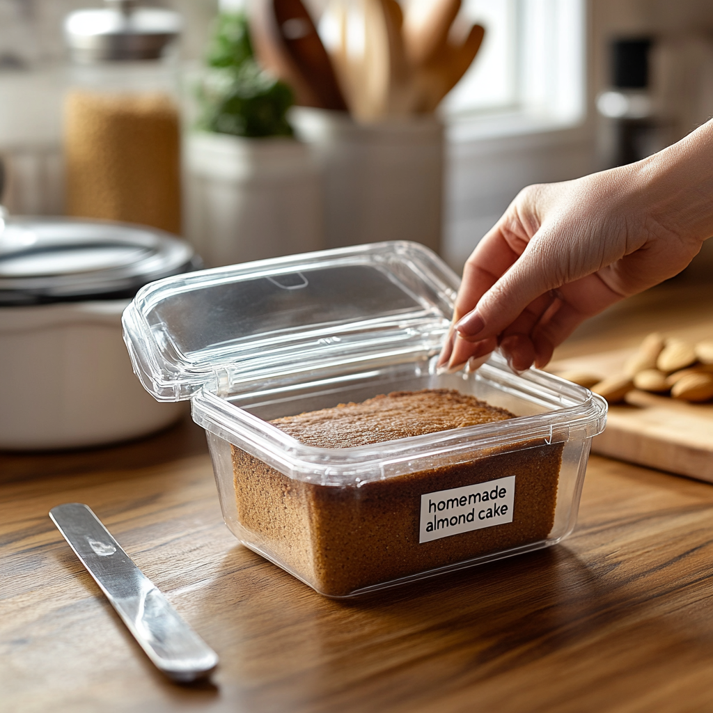 A freshly baked almond flour cake in an airtight container