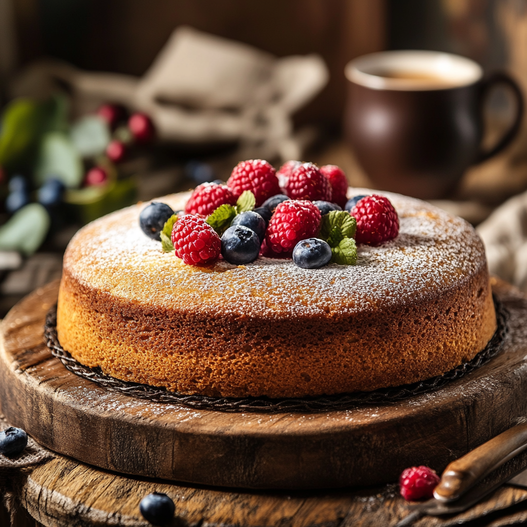 A freshly baked almond flour cake on a wooden table