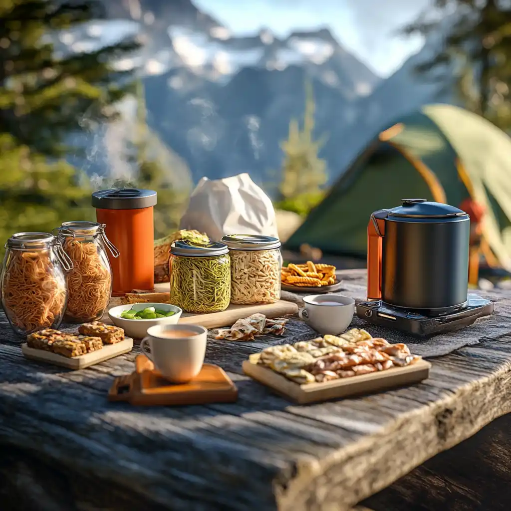 A variety of lightweight backpacking meals on a campsite table