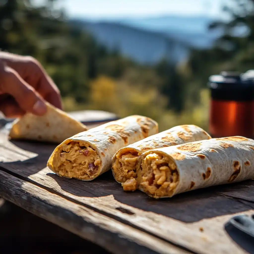 A peanut butter tortilla wrap on a wooden camping table