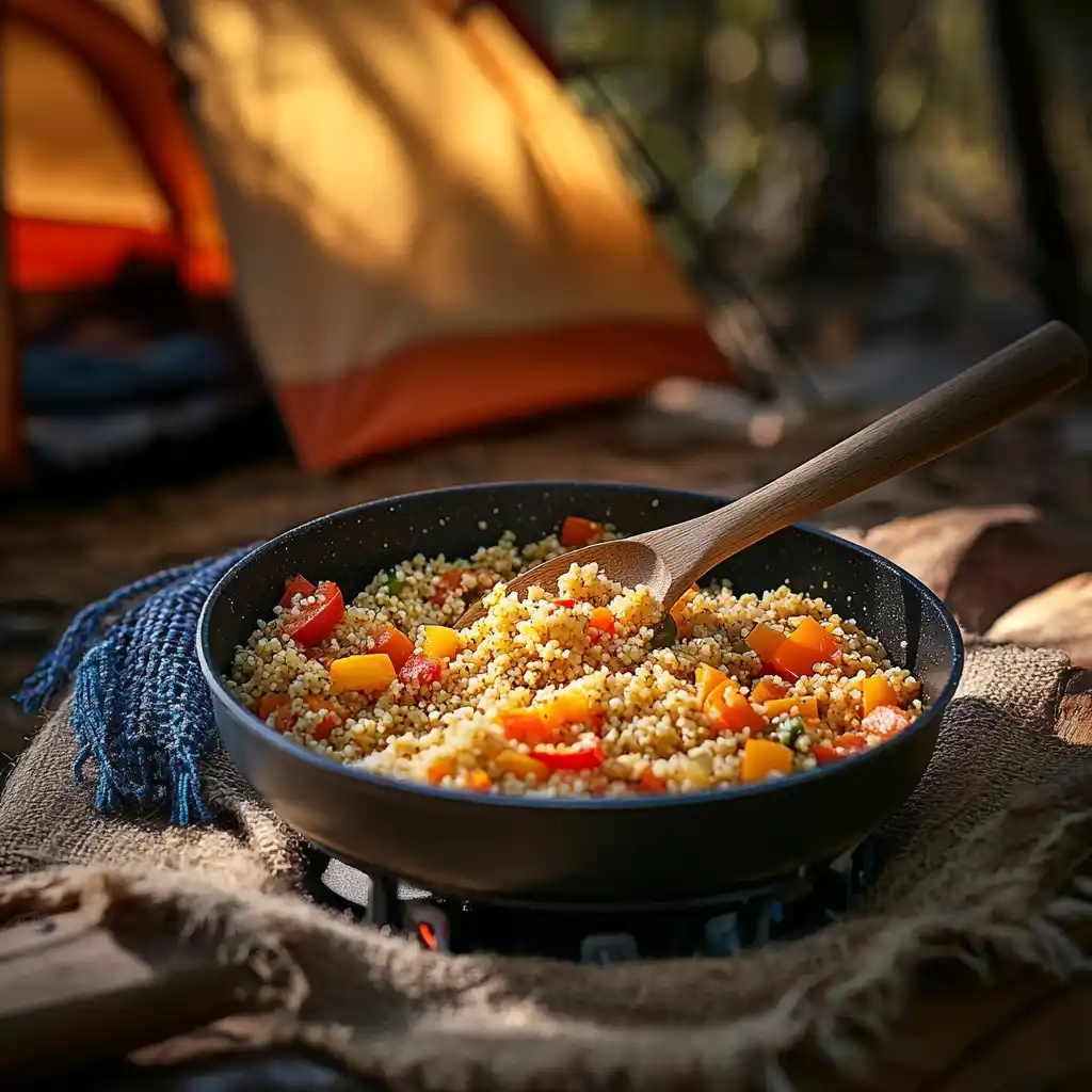 A one-pot couscous meal with vegetables in a lightweight camping pan