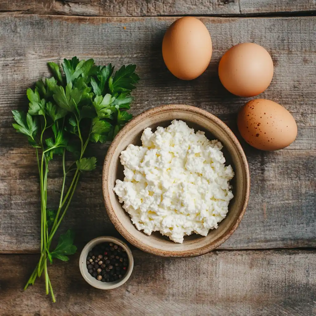 Fresh eggs, cottage cheese, and herbs arranged on a wooden counter.