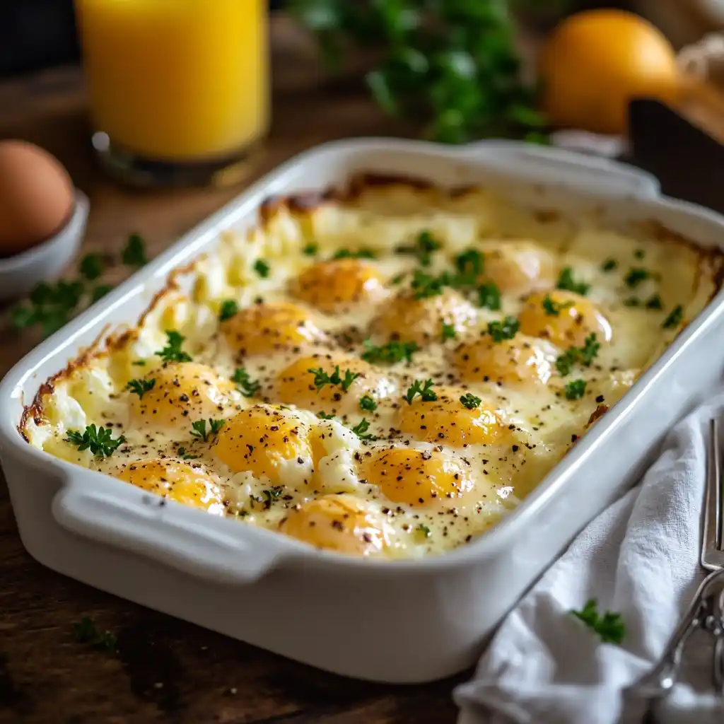 A freshly baked dish of cottage cheese eggs in a white ceramic dish.