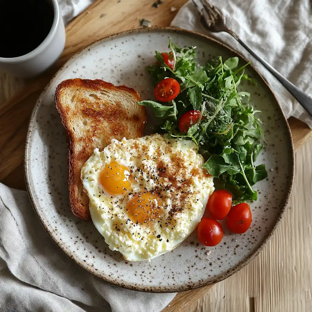 A plated serving of baked cottage cheese eggs with toast and a side salad.