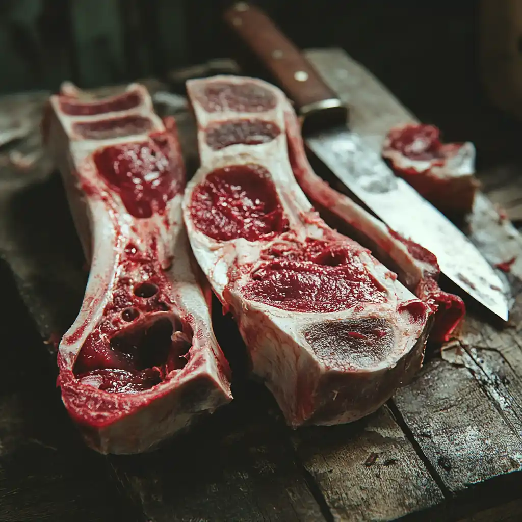 Raw beef bones cut to reveal fresh marrow inside.