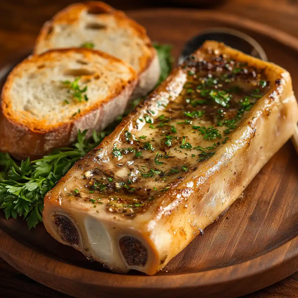 A roasted beef bone marrow dish served with bread and herbs.