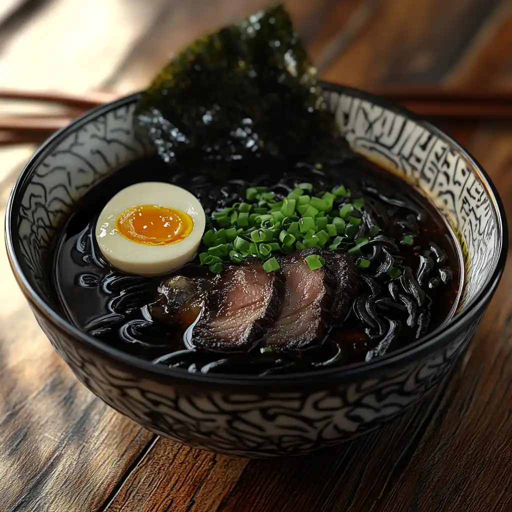 A creative artistic depiction of black ramen in anime and social media. Title: Black Ramen in Pop Culture and Social Media