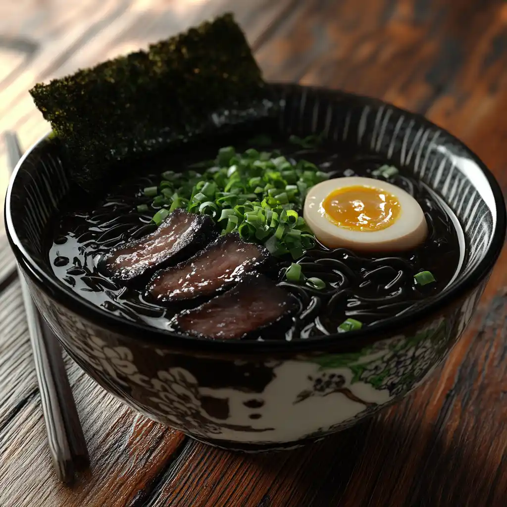 A bowl of black ramen noodles with rich broth and toppings.