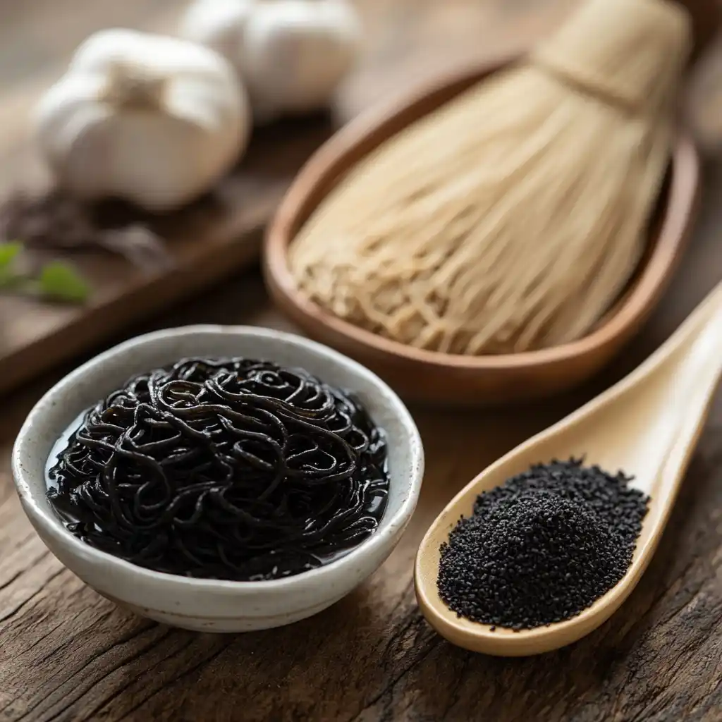 Key ingredients used in black ramen noodles, including black garlic and squid ink.