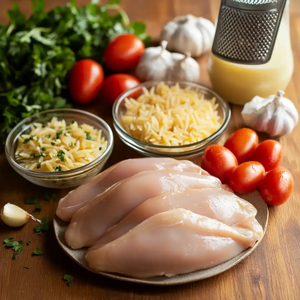 Fresh ingredients for making chicken orzo bake laid out on a table