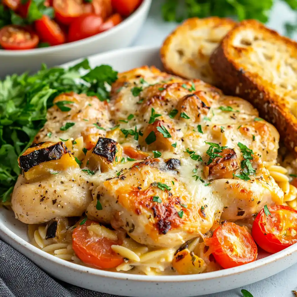 A plated serving of Chicken Orzo Bake with a side salad