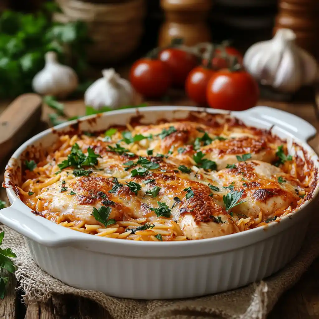 Delicious baked chicken orzo dish in a casserole pan