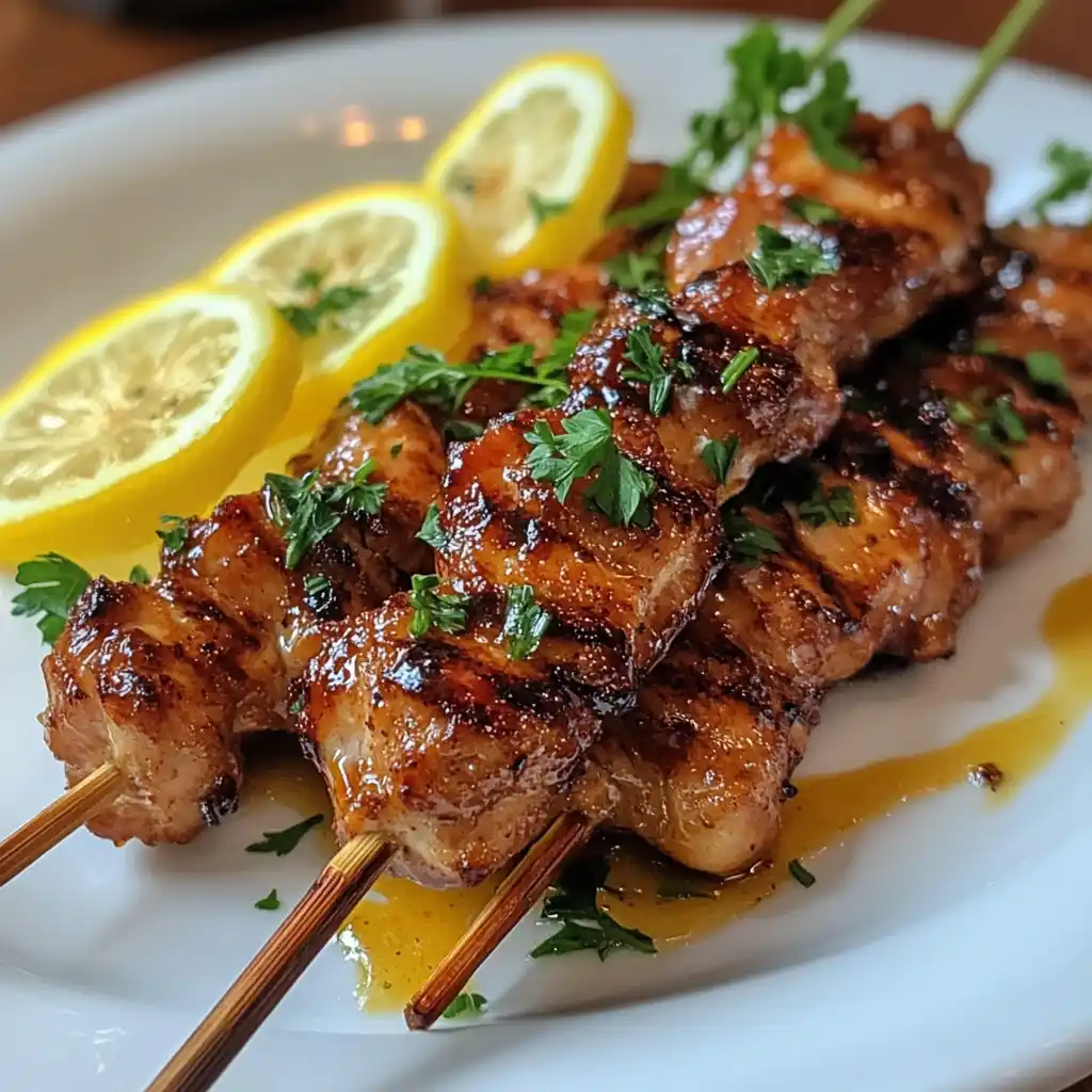 Chicken Spiedini served on a plate with lemon slices and parsley