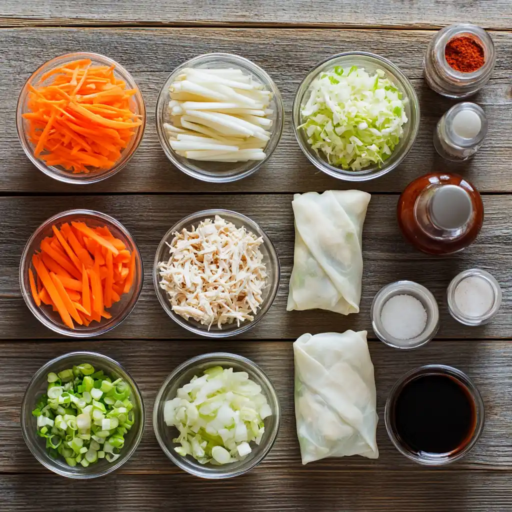 Fresh ingredients for homemade chicken spring rolls