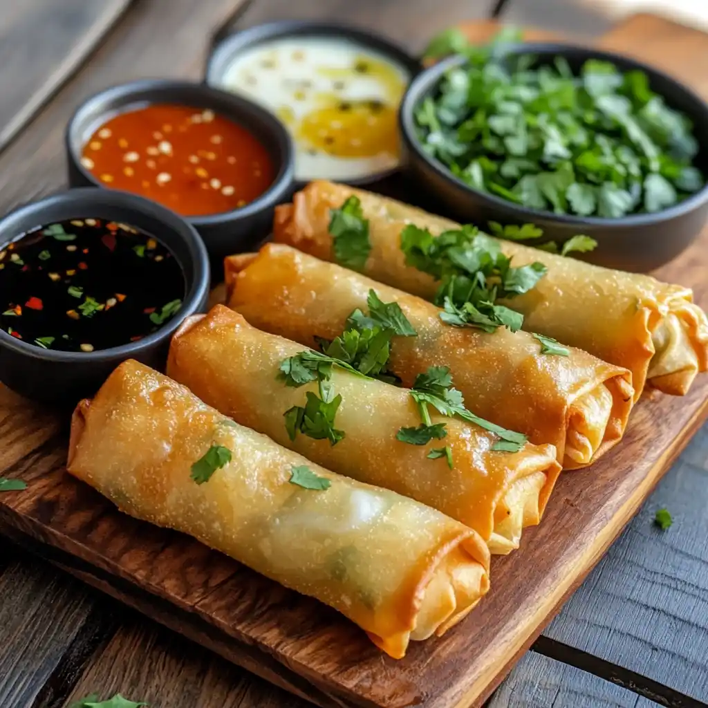 Chicken Spring Rolls on a wooden plate with dipping sauce