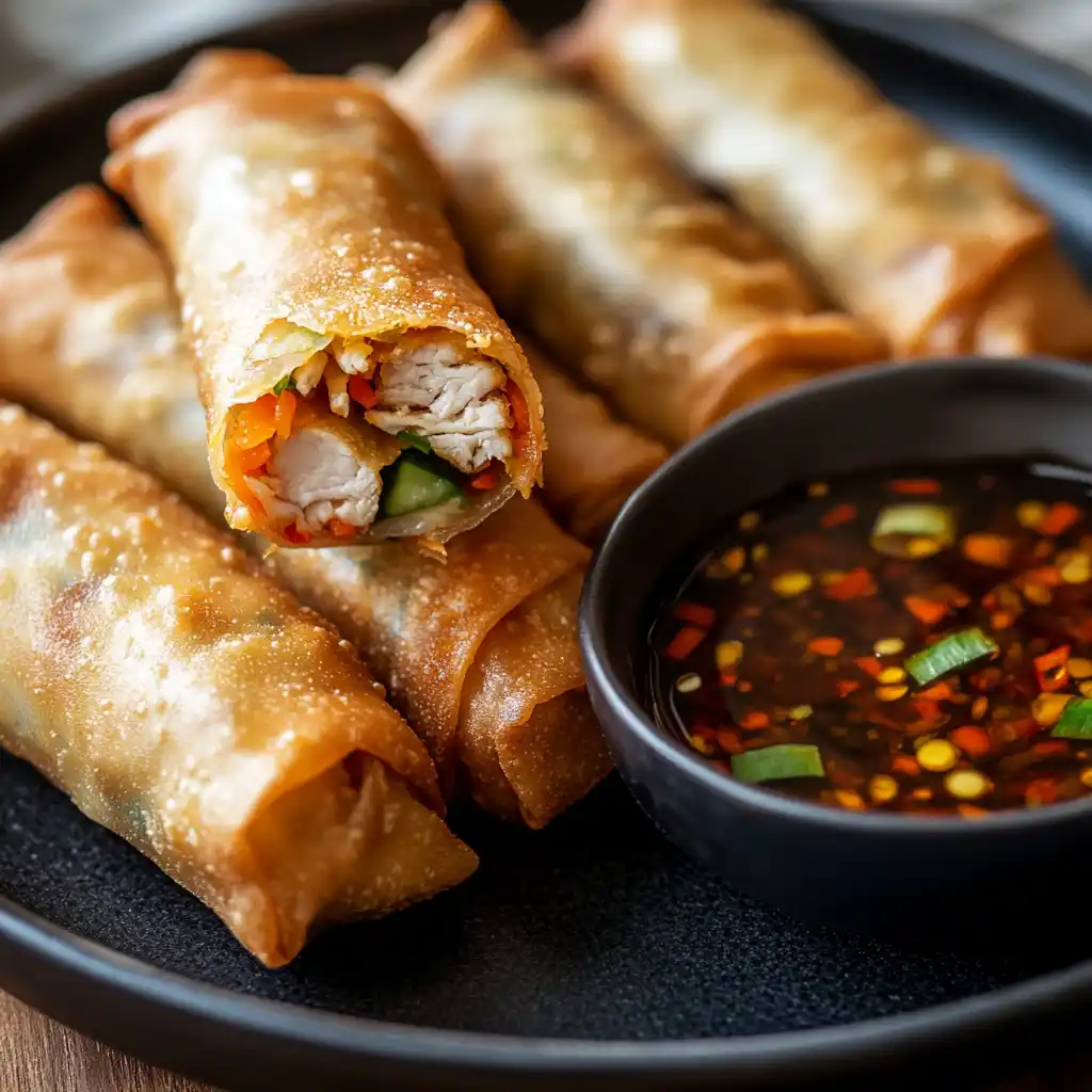 Crispy homemade chicken spring rolls served with dipping sauce