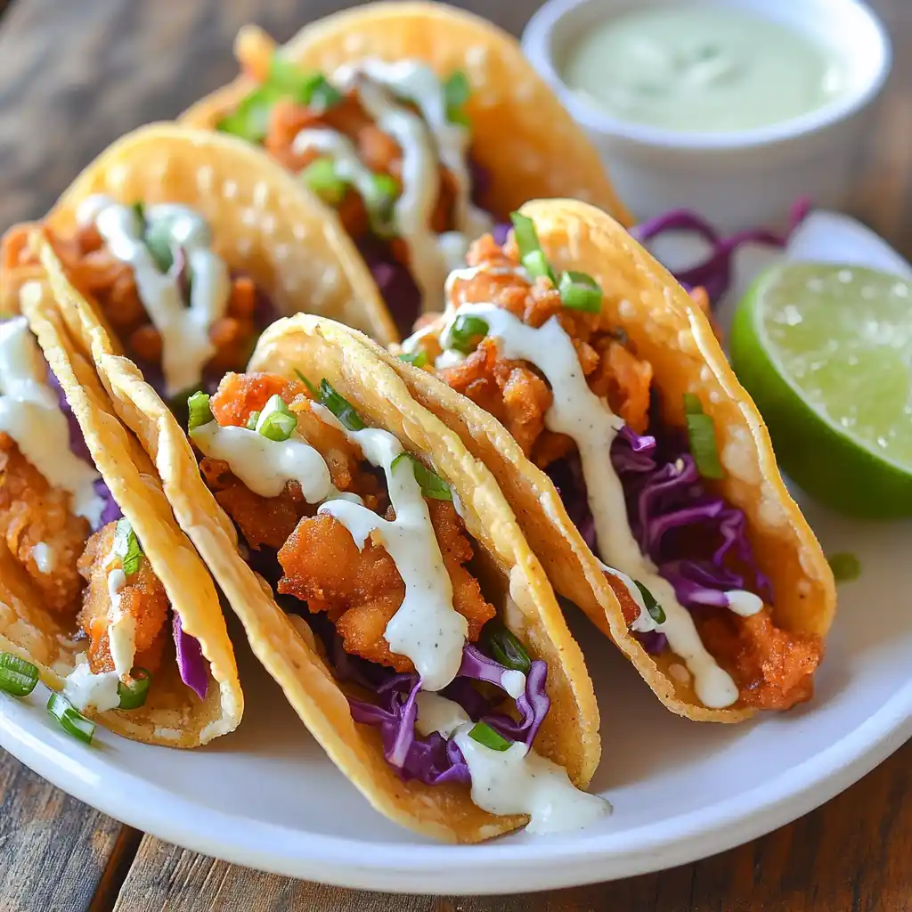 A plate of crispy chicken wonton tacos served with dipping sauce.