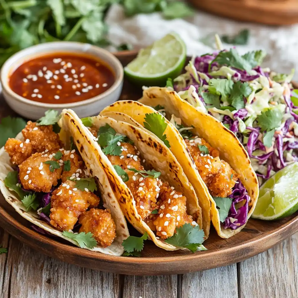 A complete meal featuring chicken wonton tacos with side dishes.