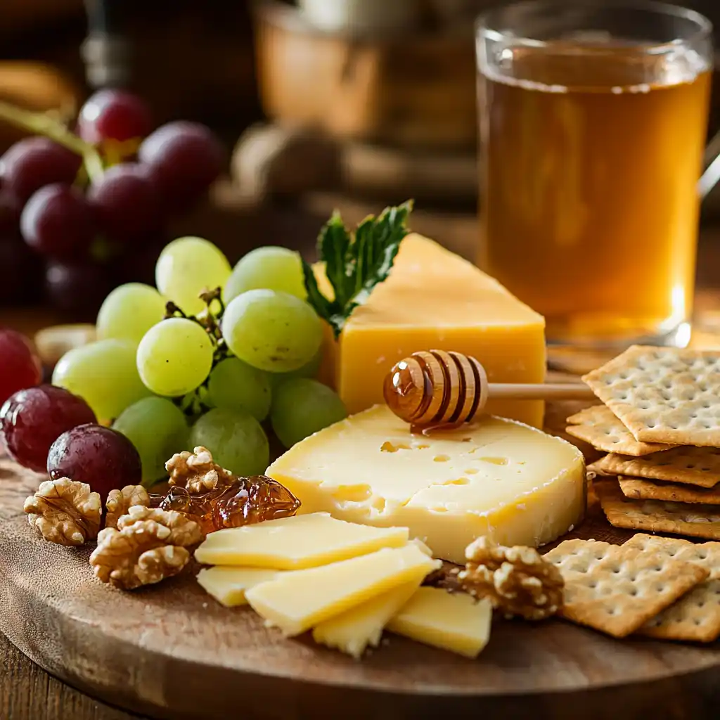 A cheese board with Colby Jack, ice tea, and fruit.