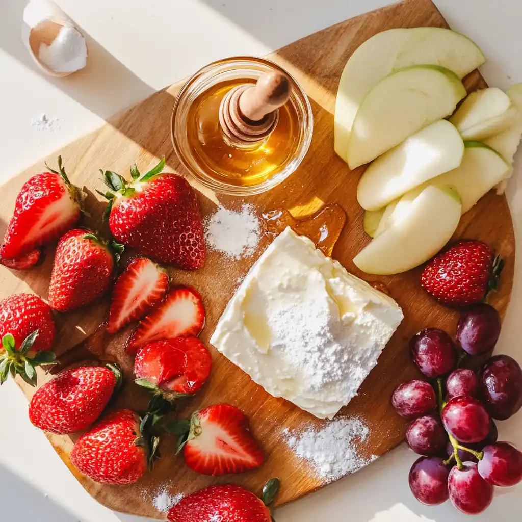 Ingredients for making cream cheese fruit dip on a wooden countertop.