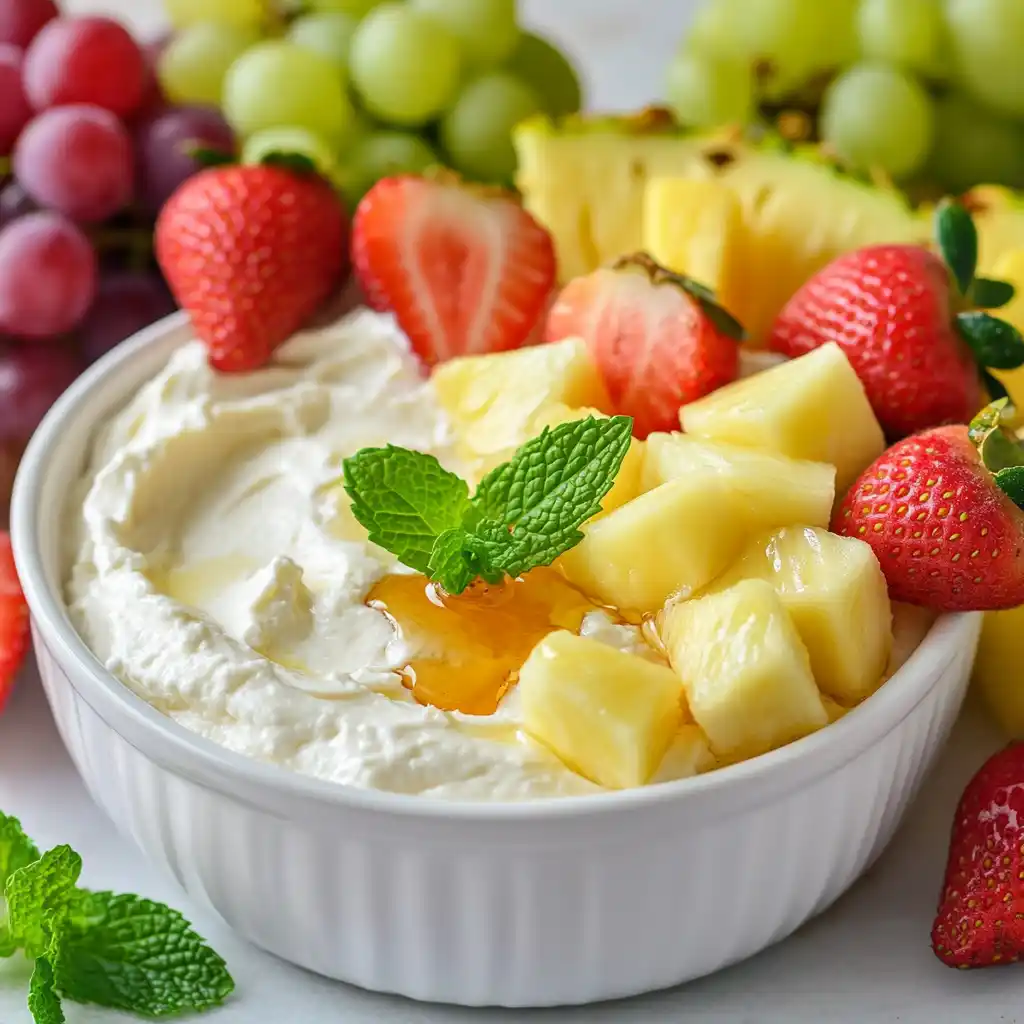 A creamy and delicious cream cheese fruit dip served with fresh fruits.