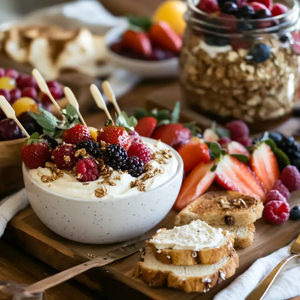 Different ways to serve cream cheese fruit dip, including in parfaits and as a spread.