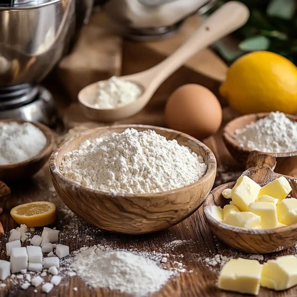 Ingredients used in making a Dominican cake, including flour, butter, eggs, and vanilla.