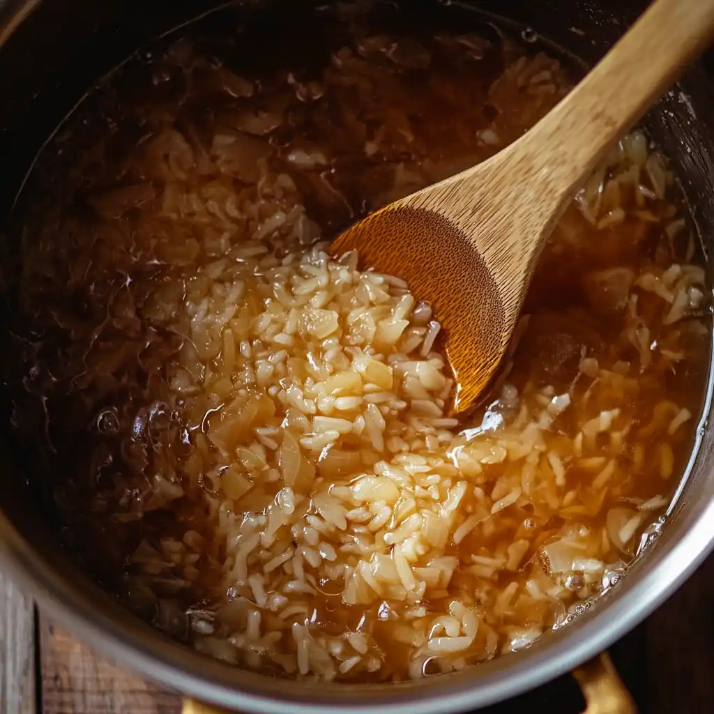 Rice cooking in a flavorful onion broth