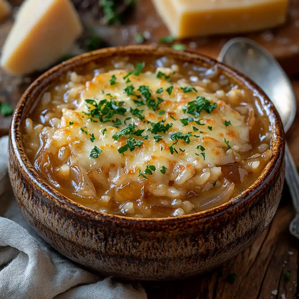 French Onion Soup Rice served in a rustic bowl