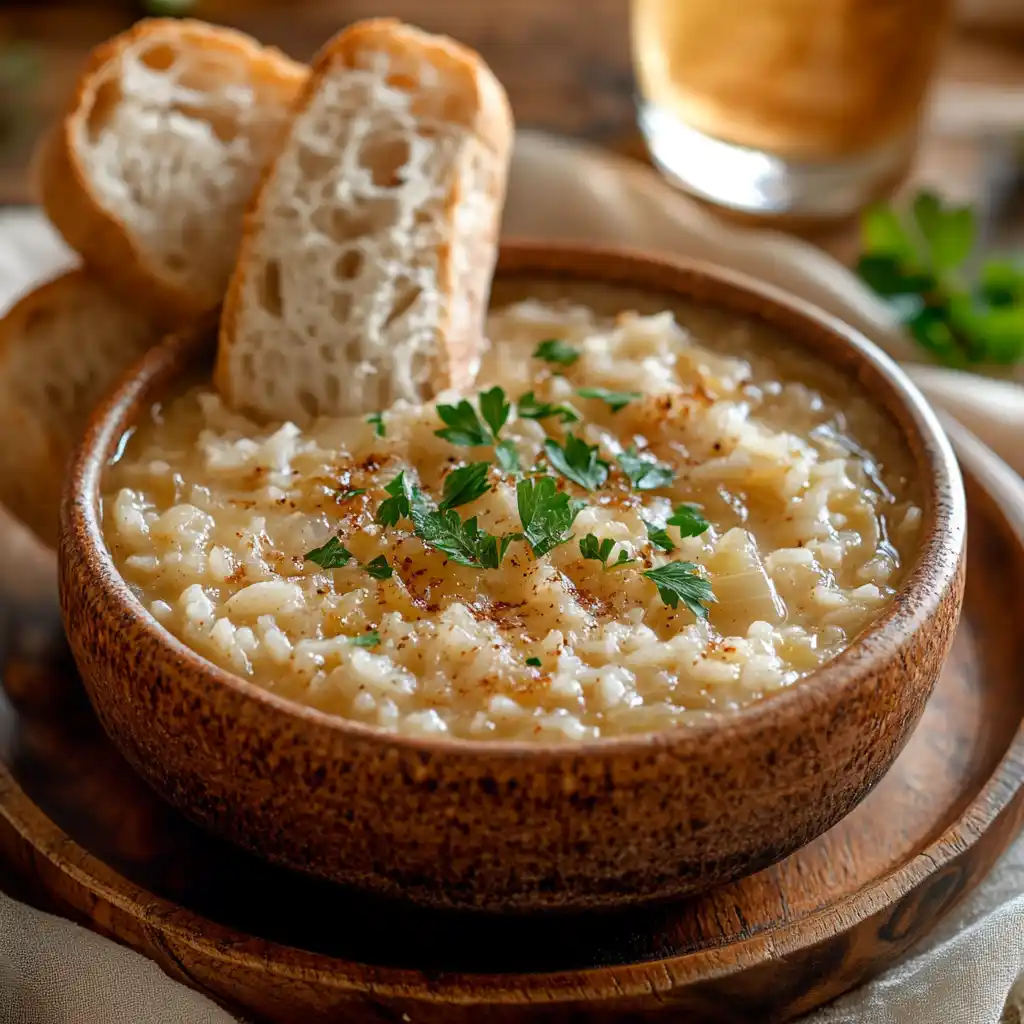 A bowl of French Onion Soup Rice with a side of bread