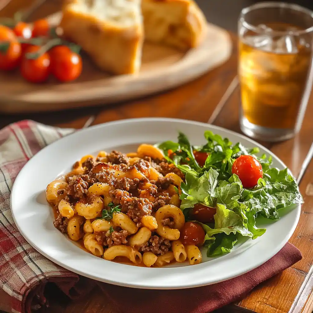 A dinner table set with hamburger beef pasta, garlic bread, and a fresh salad.