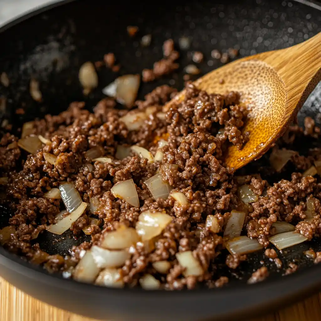 Ground beef sizzling in a pan with onions and garlic.