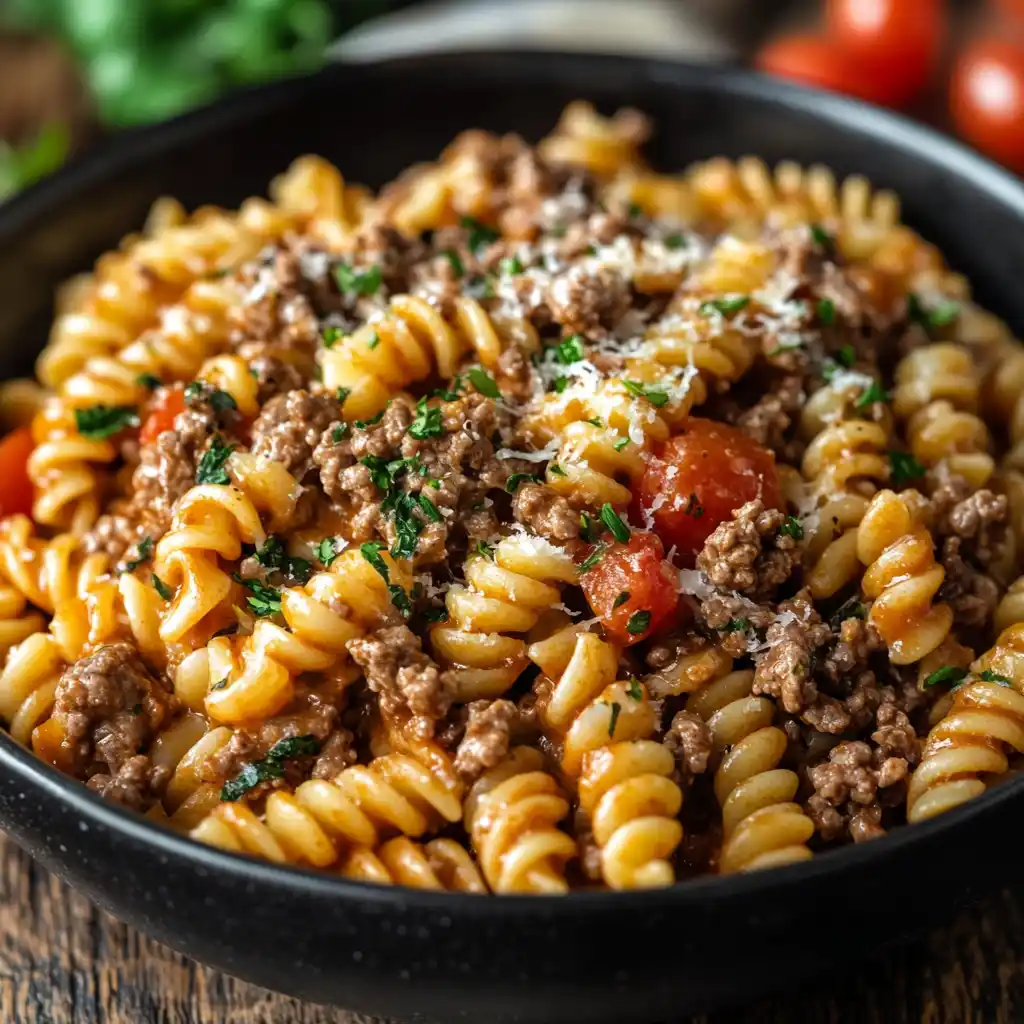 A delicious plate of creamy hamburger beef pasta garnished with parsley.