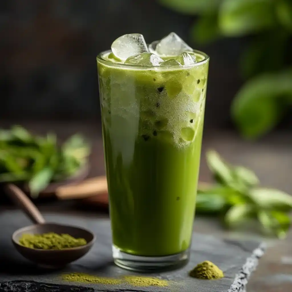 A refreshing glass of iced matcha with ice cubes and a straw