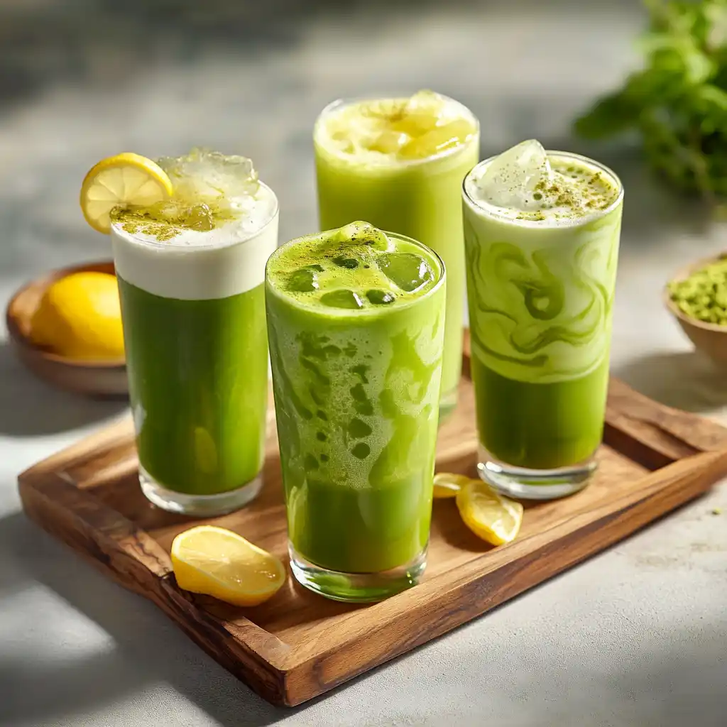 Three variations of iced matcha drinks in glasses