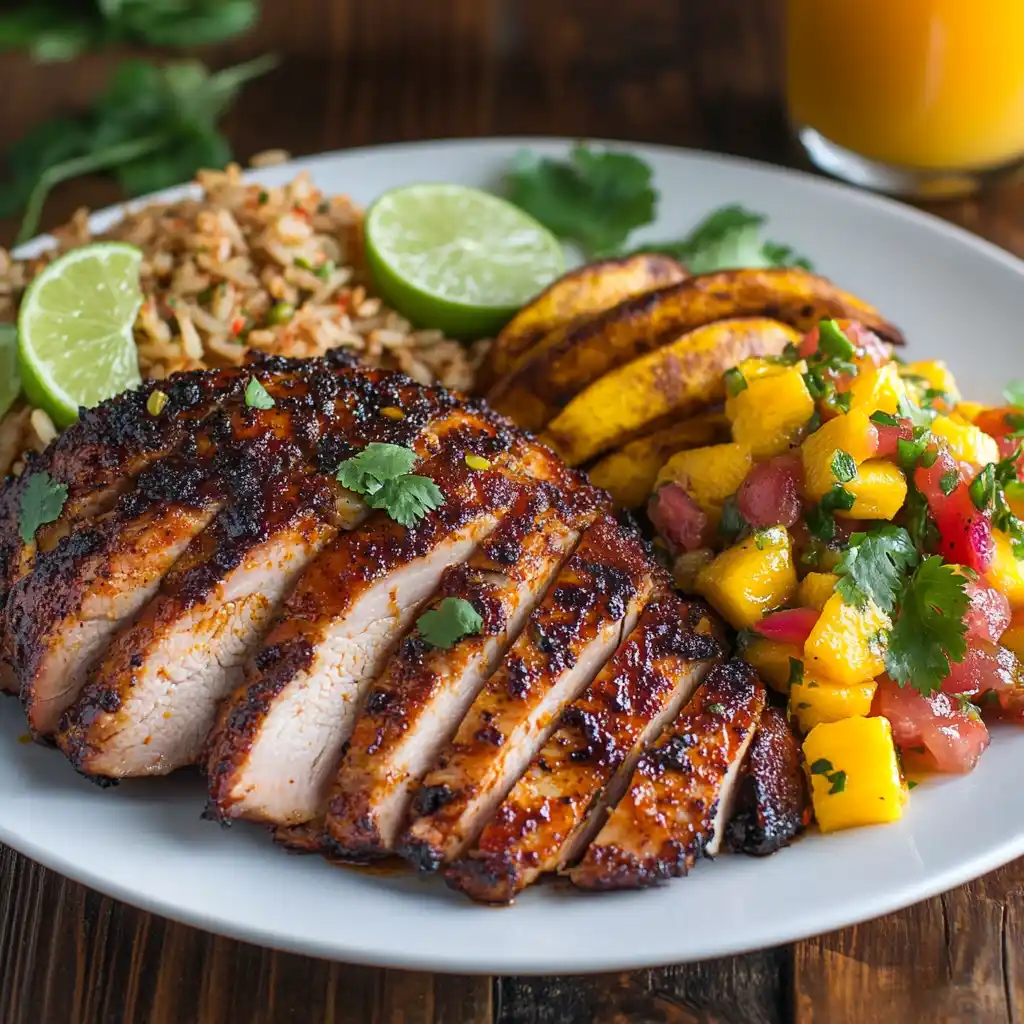 Sliced jerk turkey served on a plate with rice and peas, fried plantains, and a fresh mango salsa.