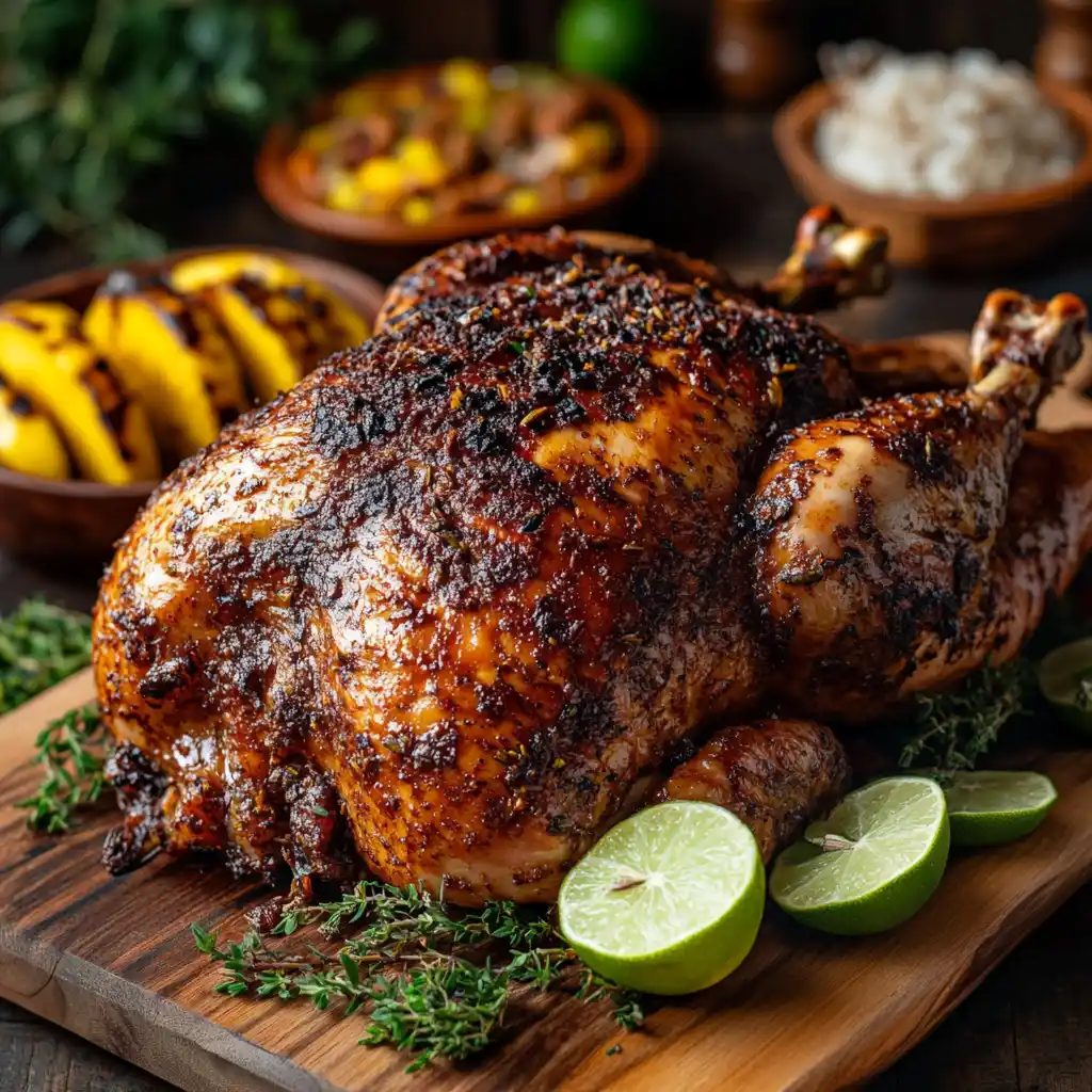 A beautifully grilled jerk turkey with a golden-brown, crispy skin, garnished with fresh herbs and lime wedges.