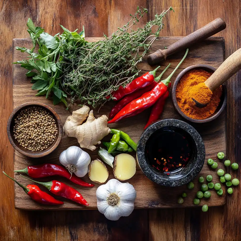 A flat lay of traditional jerk seasoning ingredients, including allspice, scotch bonnet peppers, garlic, and fresh thyme.