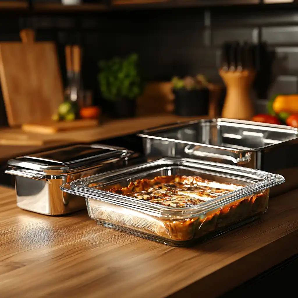 A homemade lasagna in a clear glass pan inside an oven.