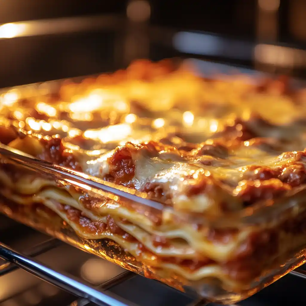 A sleek black non-stick metal lasagna pan with sturdy handles on a kitchen countertop.