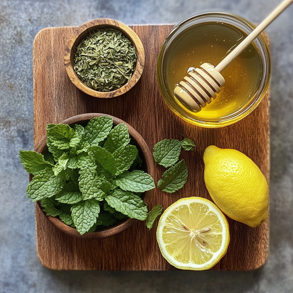 Fresh and dried lemon balm leaves with other herbal ingredients