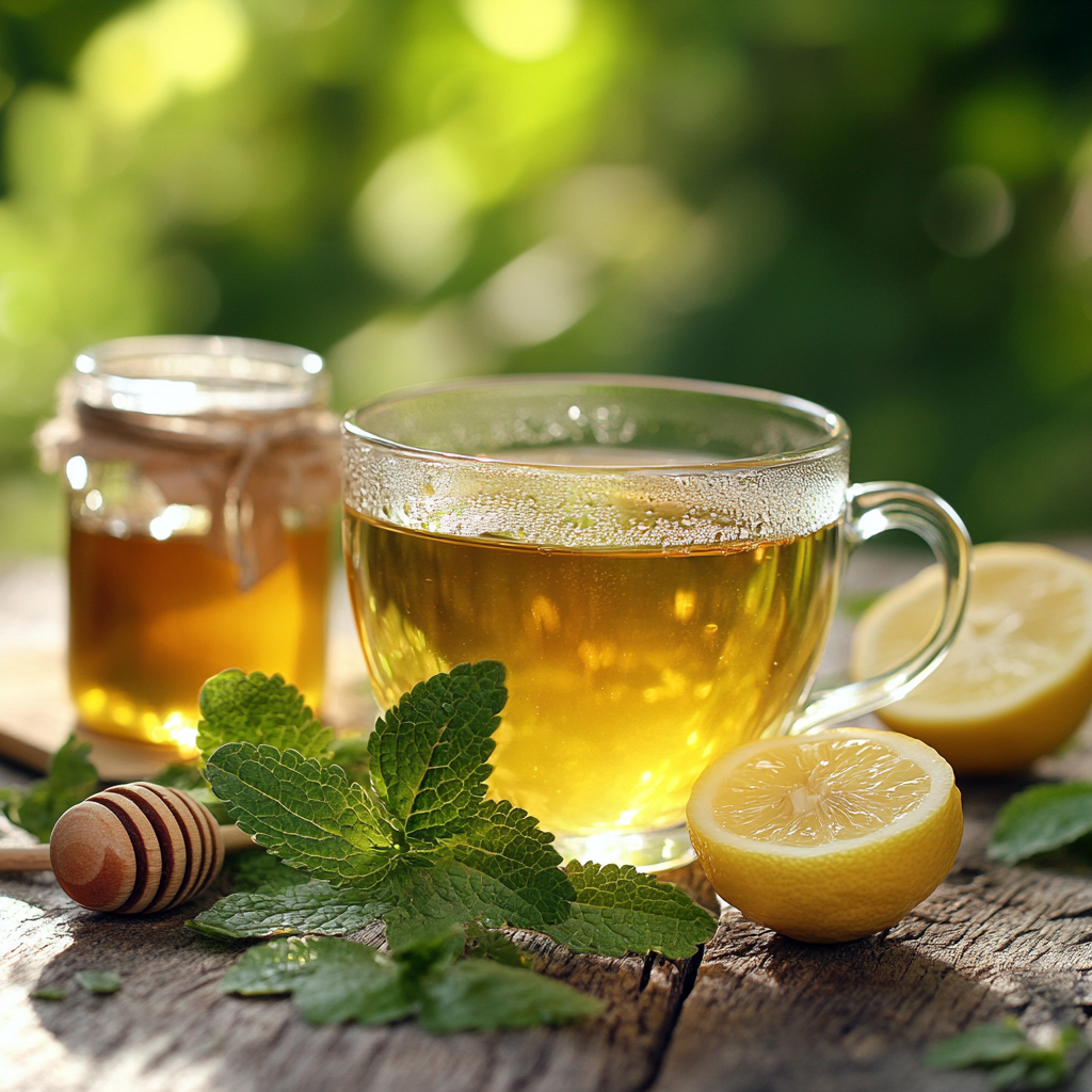 Freshly brewed lemon balm tea in a glass cup with fresh lemon balm leaves